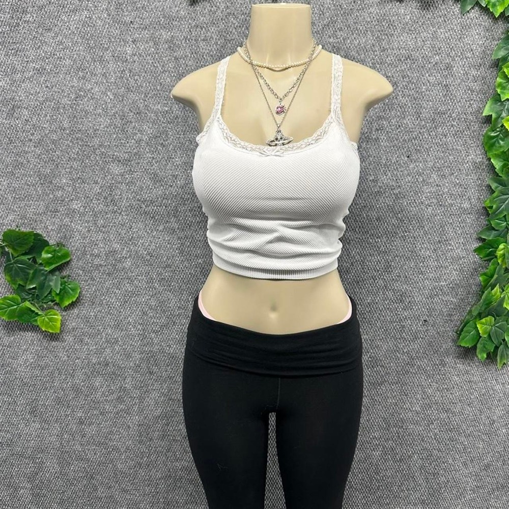 White Lace Trim Ribbed Crop Cami Tank Top Coquette Y2K